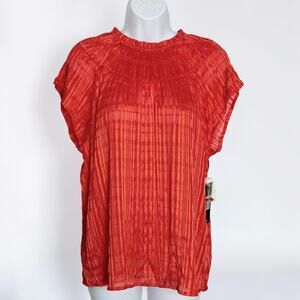 Nanette Lepore Red Orange Metallic Stripe Blouse Smocked Ruffle Top Size M NWT